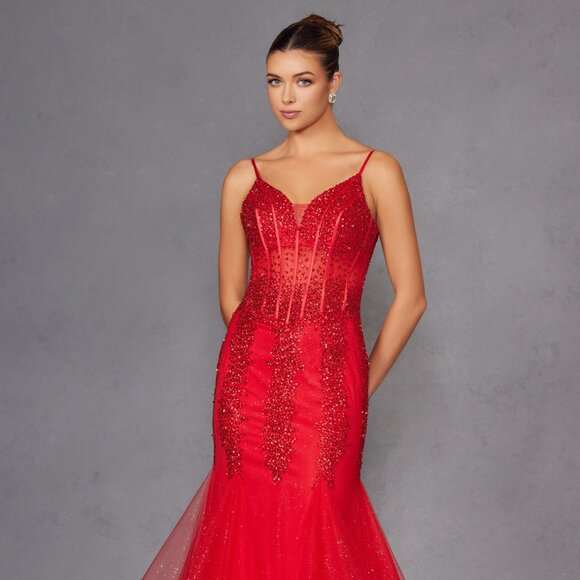 NEW FORMAL SLEEVELESS MERMAID GOWN W/ SHEER SEQUINS EMBELLISHED BODICE JT2883C - Picture 1 of 8